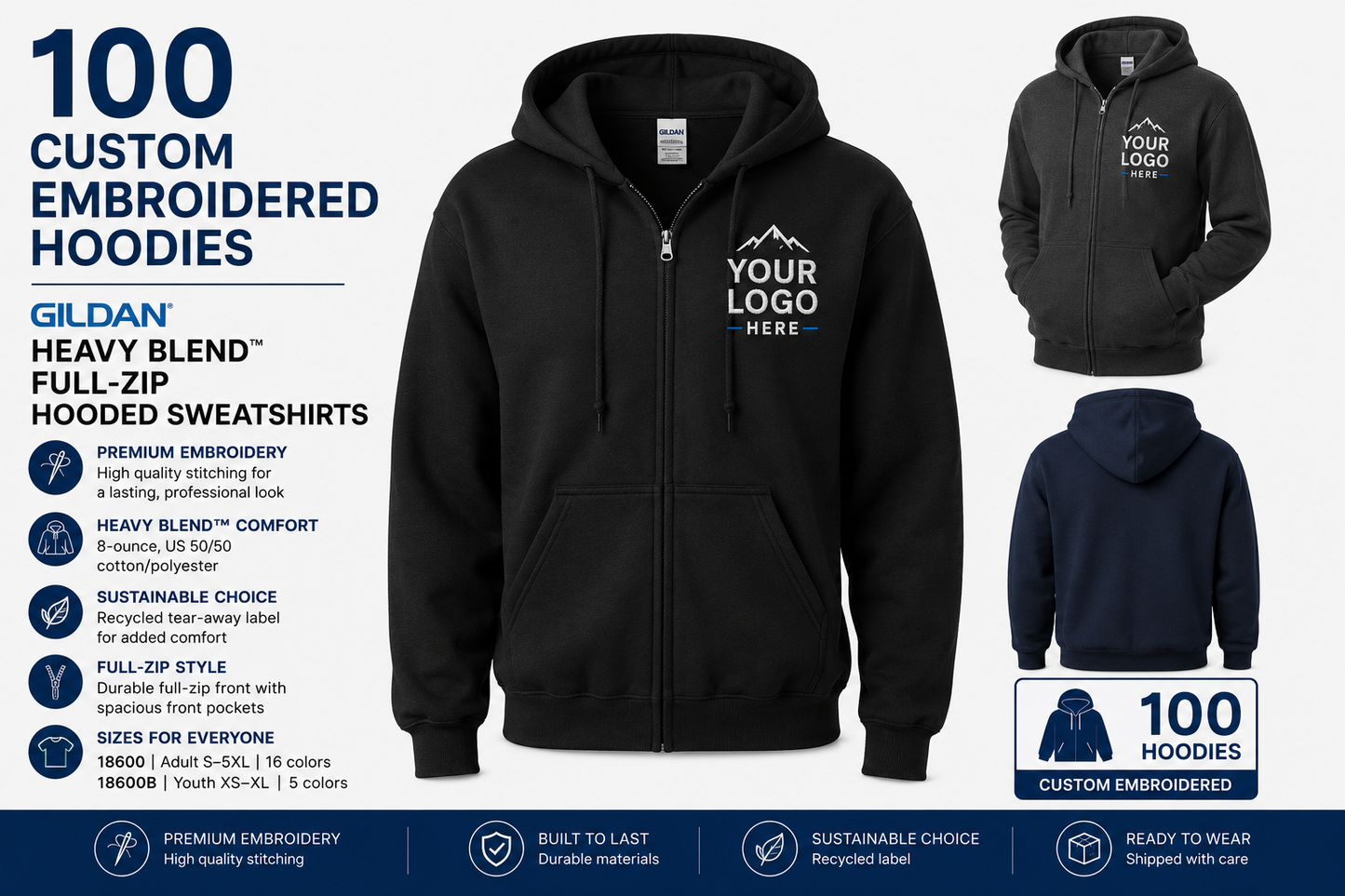 100 Custom Embroidered Gildan® Heavy Blend™ Full-Zip Hooded Sweatshirts